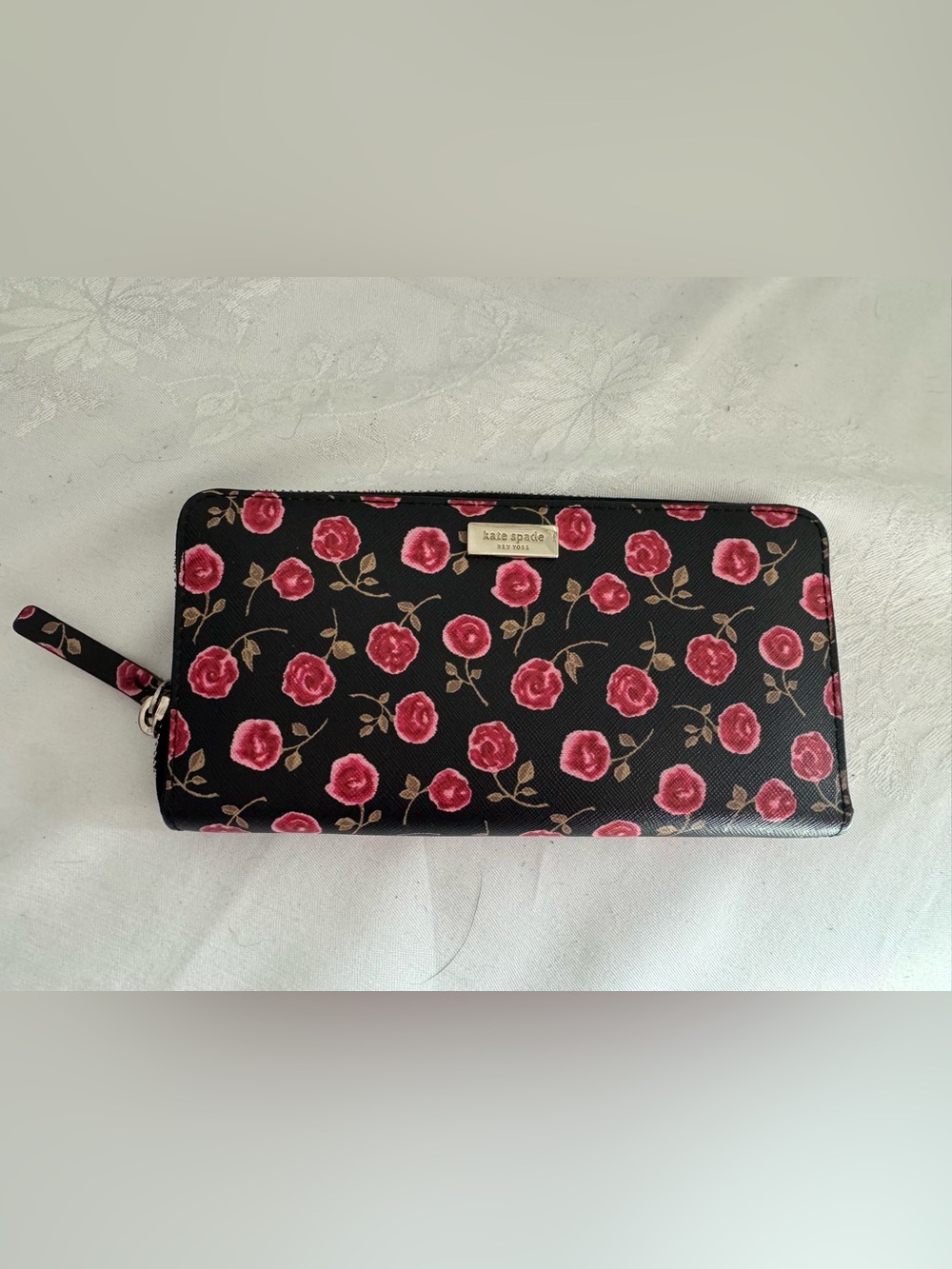 kate spade Black Wallet with Pink Rose Print and Gold Plaque